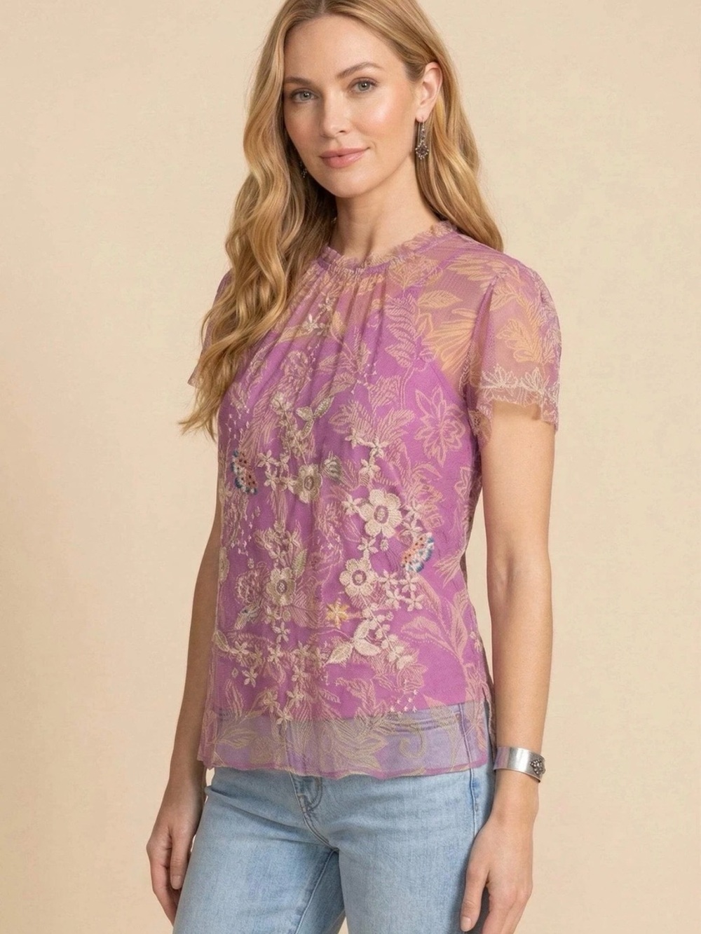 Johnny Was Mazzy Ruffle Neck Blouse Sz Large Boho Whimsy Embroidered - Picture 3 of 4